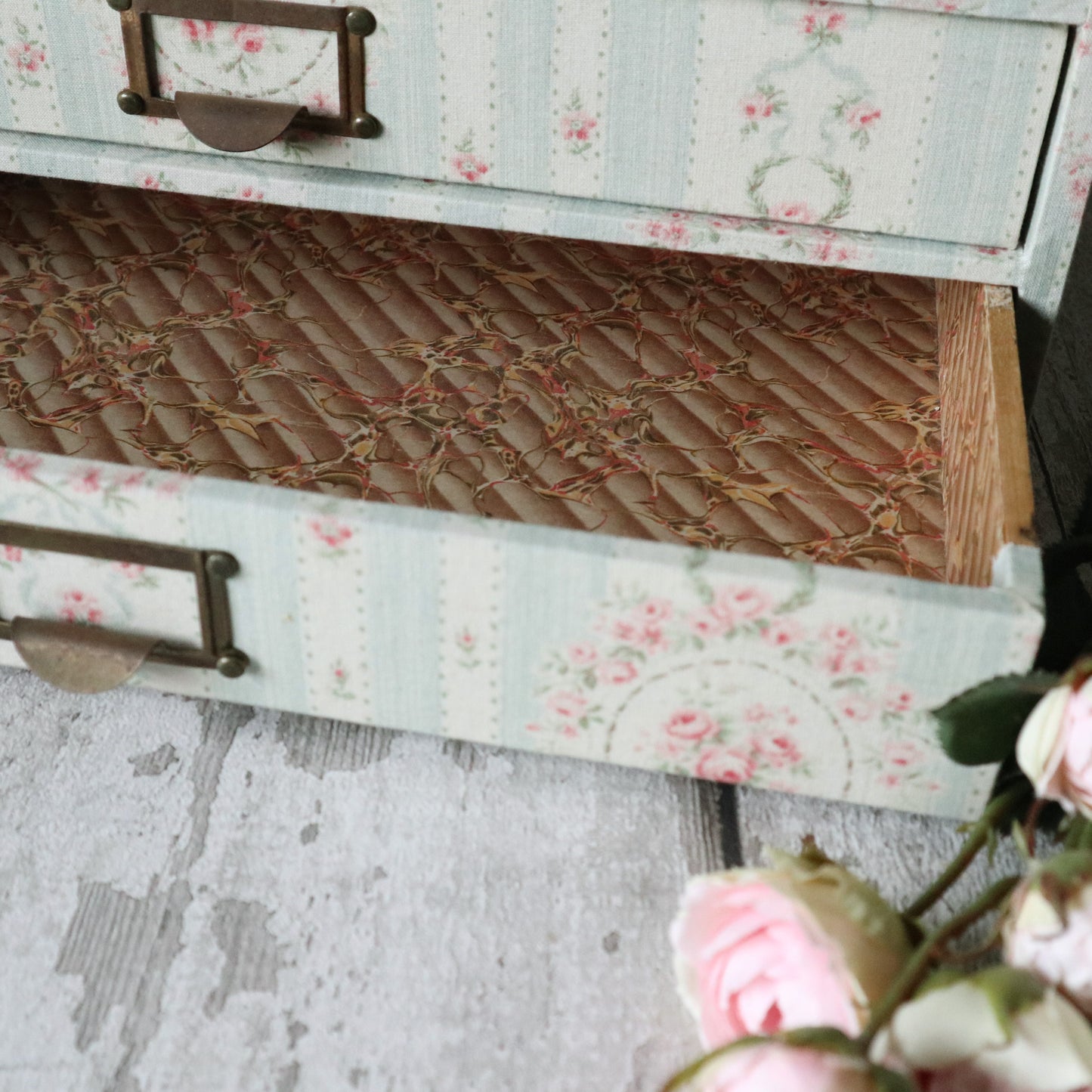 Rare 6 Drawer Vintage Library Cabinet - Fabric Covered Chest of Drawers