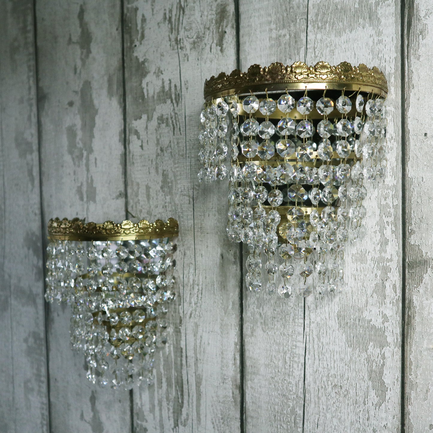 French Vintage Chic Demi Lune Glass Crystal Gilt Metal Wall Lights