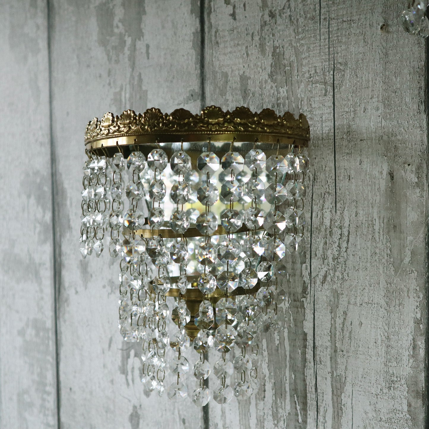 French Vintage Chic Demi Lune Glass Crystal Gilt Metal Wall Lights