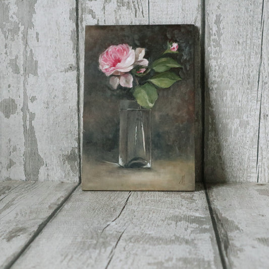 Original Oil Painting Still Life Roses In A Glass Vase (un-framed)