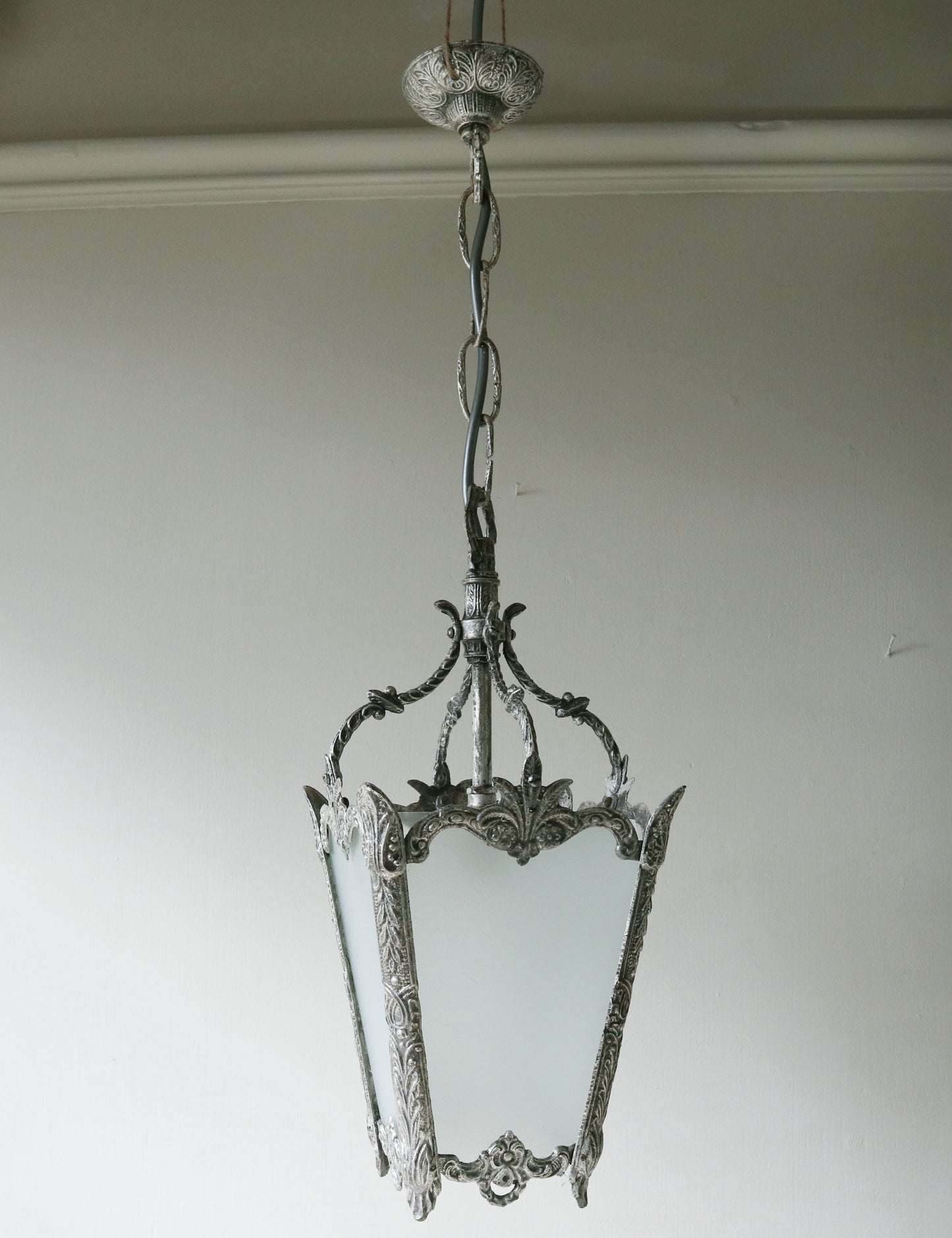 Rare French Vintage Silver Gilt Hall Hanging 4 Panel Lantern