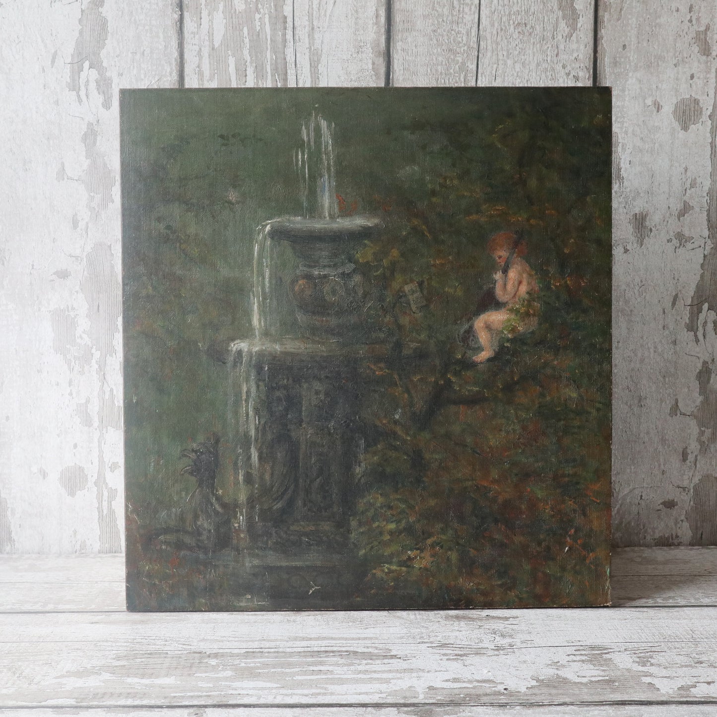 19th Century Oil On Board - Putto & Fountain