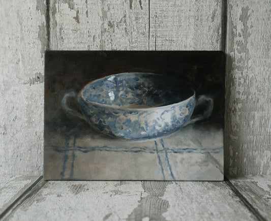 Original Oil Painting - Still Life Study of a Vintage Blue and White Bowl