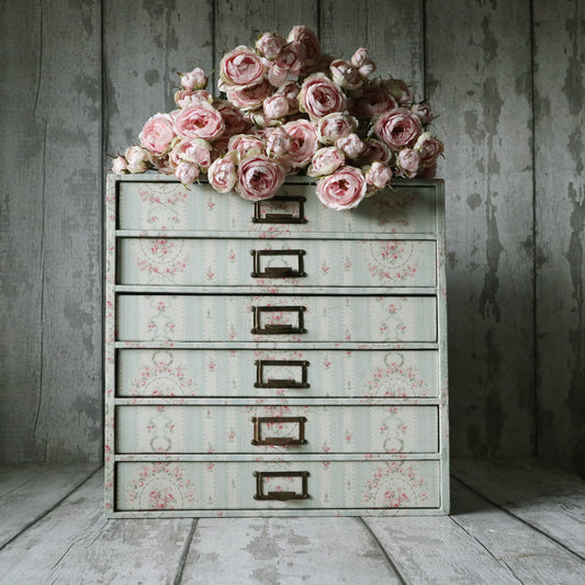 Rare 6 Drawer Vintage Library Cabinet - Fabric Covered Chest of Drawers