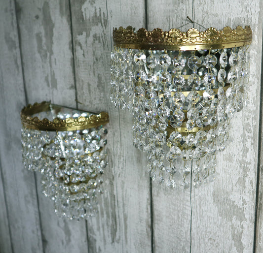 French Vintage Chic Demi Lune Glass Crystal Gilt Metal Wall Lights