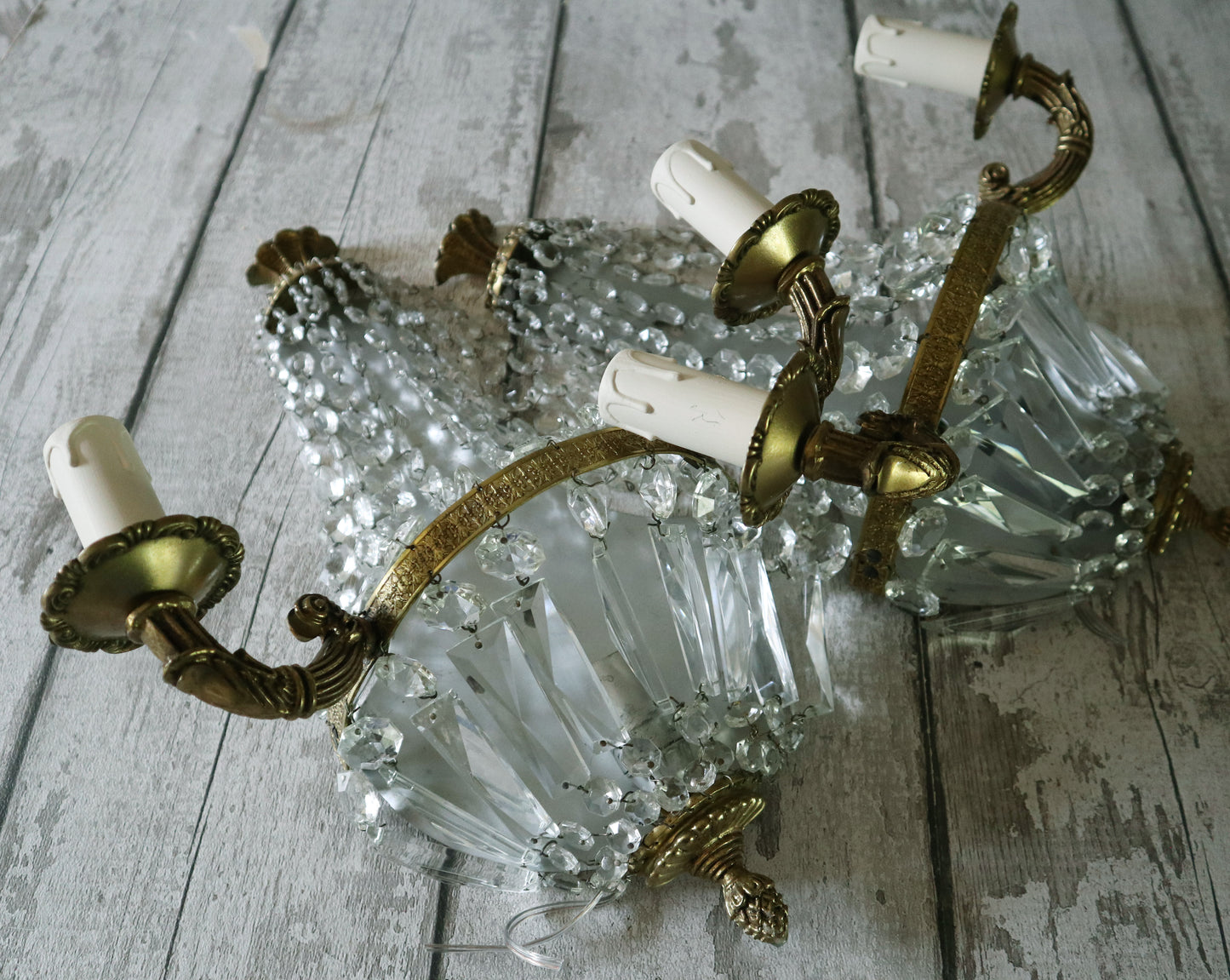 Pair French Demi Lune Vintage Wall Lights Chandeliers - Rewired