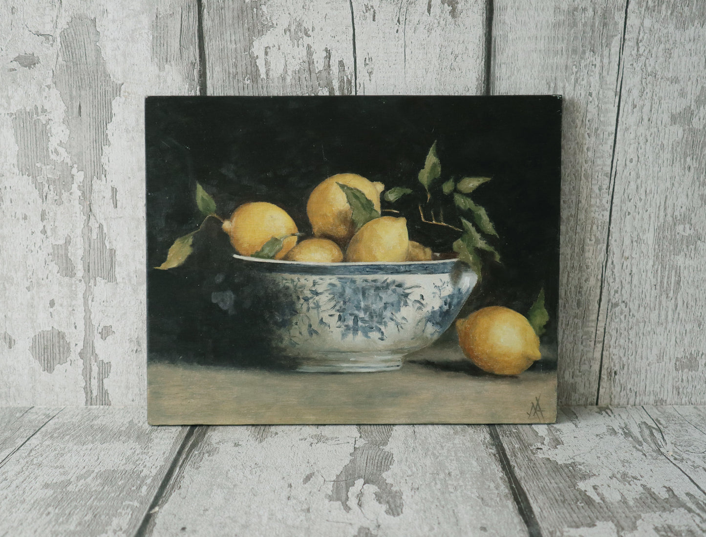 Original Artwork Oil Painting - Still Life Study - Lemons in a Blue & White Bowl