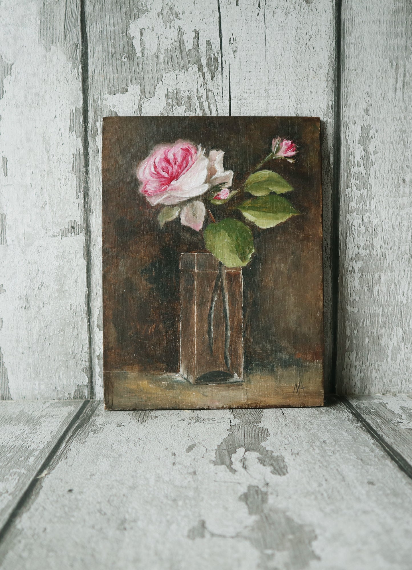 Original Oil Painting Still Life Roses In A Glass Vase (un-framed)
