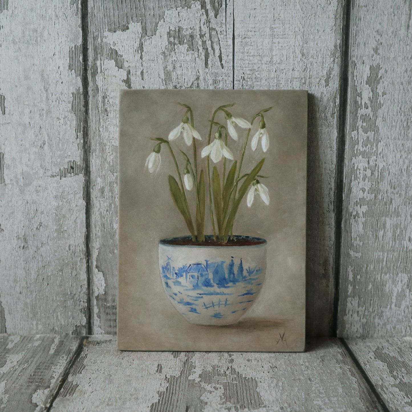 Original Oil Painting From The Blue & White Potted Floral Collection 'Snowdrops'