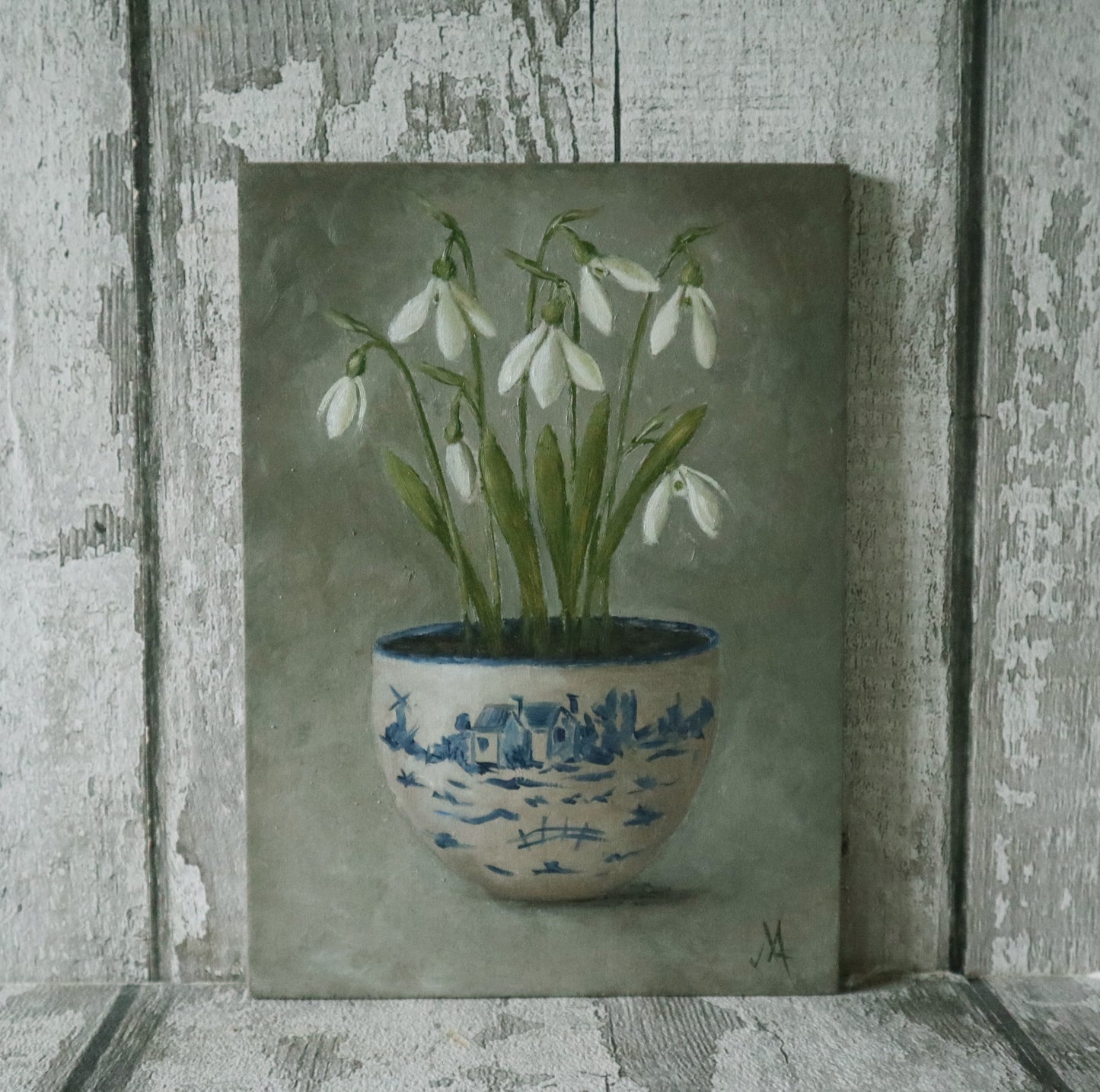 Original Oil Painting From The Blue & White Potted Floral Collection 'Snowdrops'