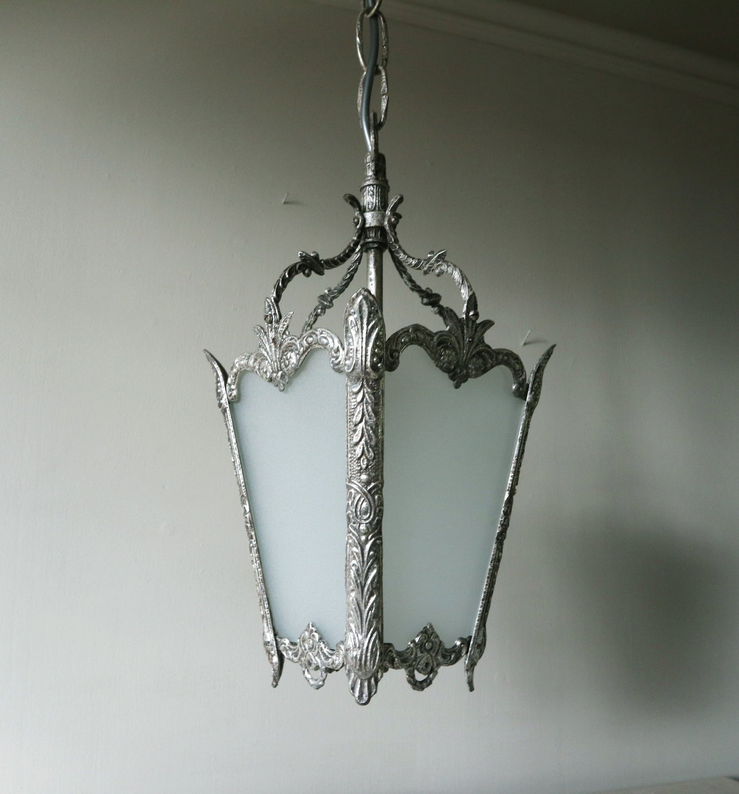Rare French Vintage Silver Gilt Hall Hanging 4 Panel Lantern