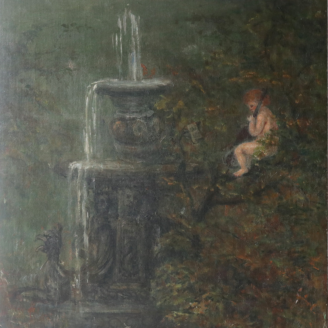 19th Century Oil On Board - Putto & Fountain